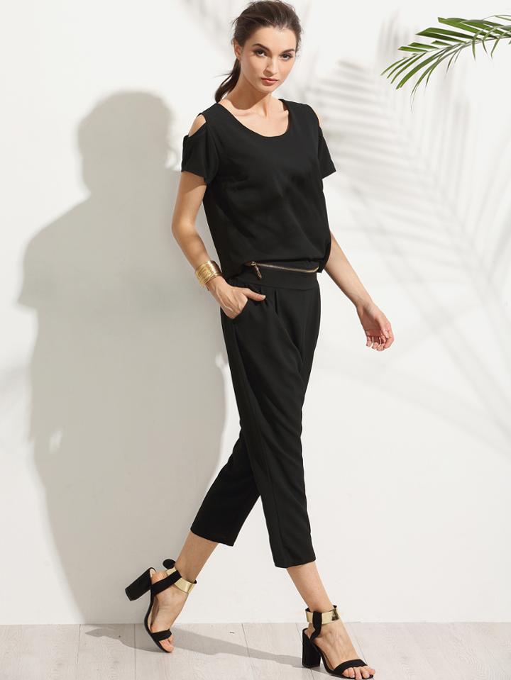 Romwe Black Open Shoulder Zipper Jumpsuit