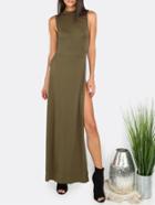 Romwe Army Green Split Side Sleeveless Maxi Dress