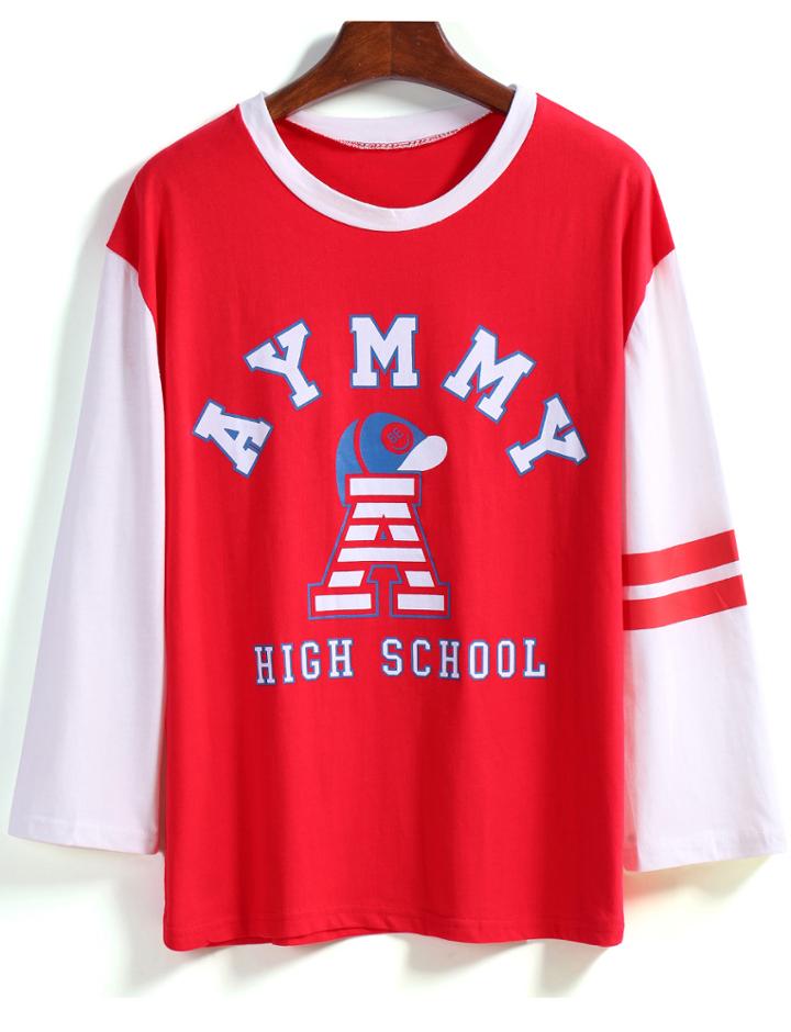 Romwe Colorblock Letters Print Long Sleeve T-shirt