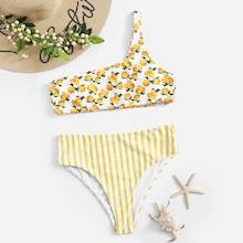 Romwe Random Orange One Shoulder Top With Striped Bikini