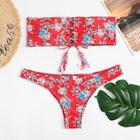 Romwe Plus Floral Lace-up Bikini Set