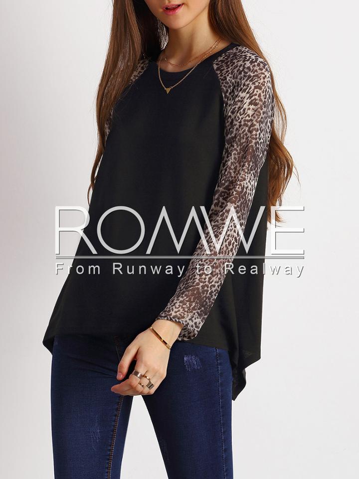 Romwe Black Contrast Raglan Sleeve T-shirt