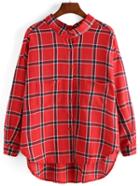 Romwe Plaid High Low Pockets Red Blouse