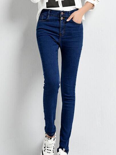 Romwe Buttons Pockets Denim Slim Blue Pant