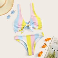 Romwe Striped Colorblock Knot Front Bikini Set