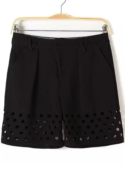 Romwe Black Pockets Hollow Straight Shorts