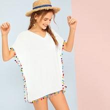 Romwe Pompom Trim Slit Hem Cover Up