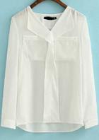 Romwe V Neck Pockets White Blouse