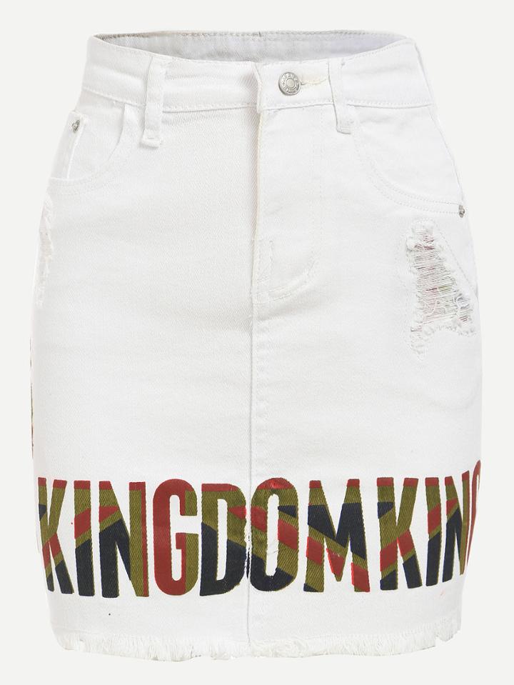 Romwe White Letter Print Frayed Denim Pencil Skirt