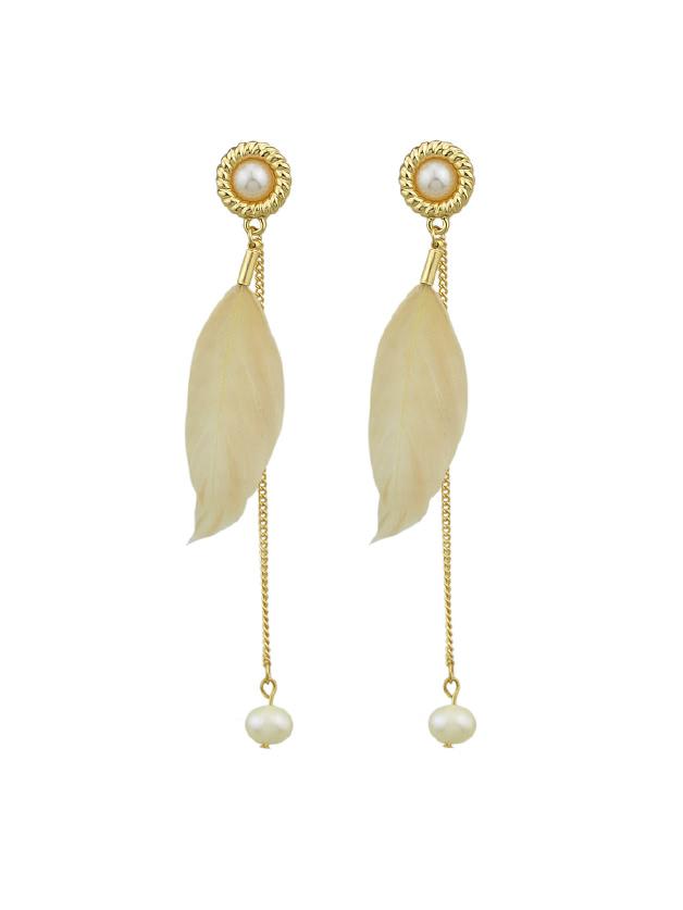 Romwe Beige Elegant Feather Long Earrings