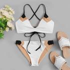 Romwe Lace-up Back Top With Color-block Bikini