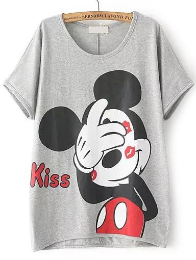 Romwe Dip Hem Lips Mickey Print Grey T-shirt