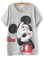 Romwe Dip Hem Lips Mickey Print Grey T-shirt