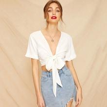 Romwe Knot Front Frill Cuff Crop Blouse