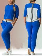 Romwe Blue With Contrast Patch Blouse With Casual Pants