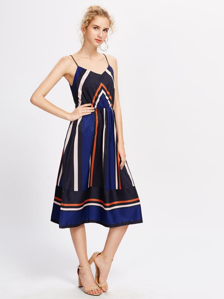 Romwe Color Block Striped Panel Cami Dress