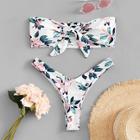 Romwe Floral Knot Front Bandeau With High Leg Bikini Set