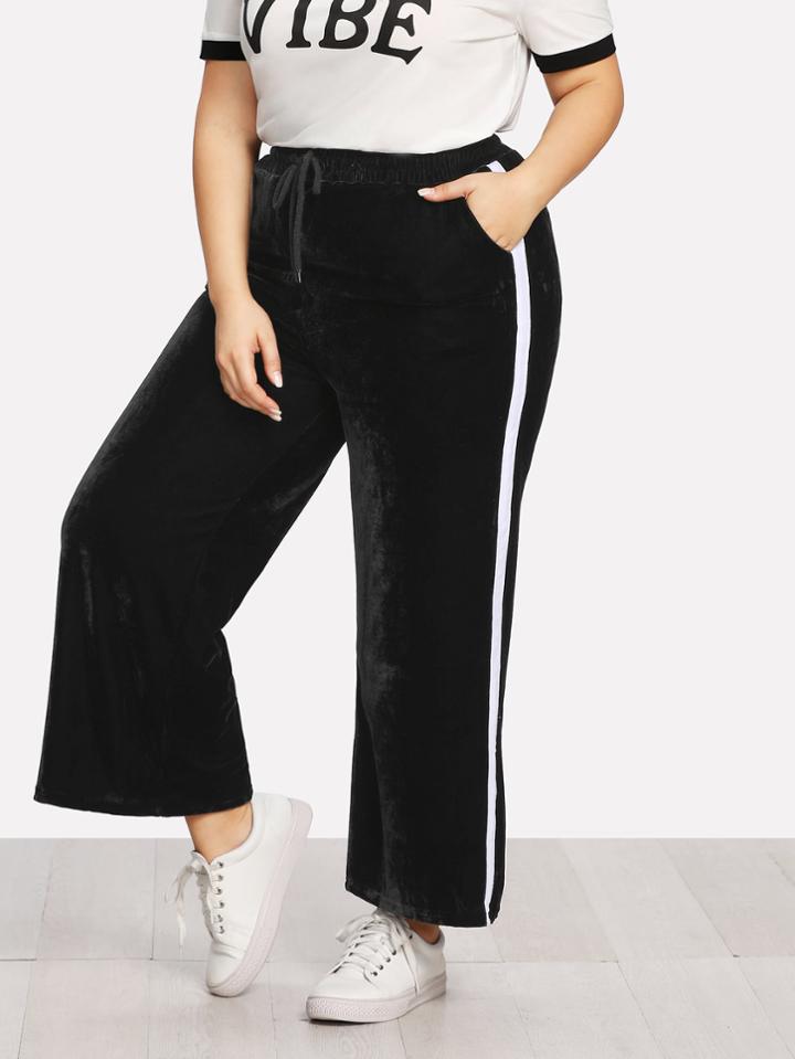 Romwe Contrast Panel Velvet Wide Leg Pants