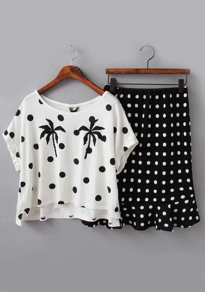 Romwe Dip Hem Polka Dot Top With Peplum Hem Skirt