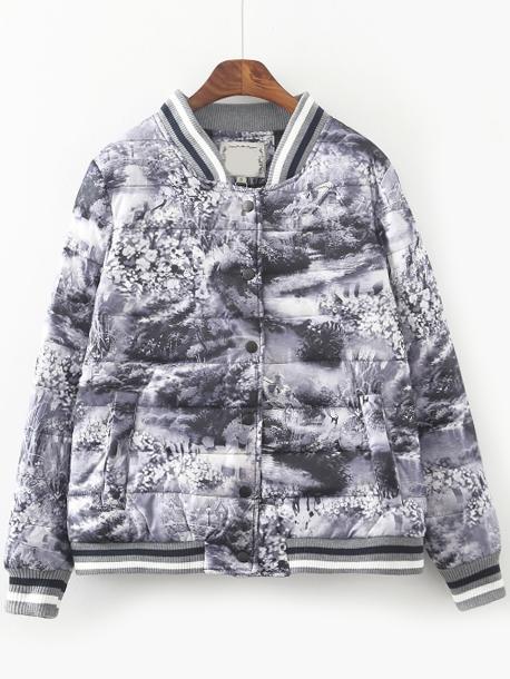 Romwe Striped Trim Printed Down Jacket