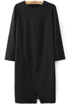 Romwe Black Long Sleeve Split Straight Dress