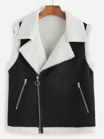 Romwe Black Oblique Zipper Shearling Vest