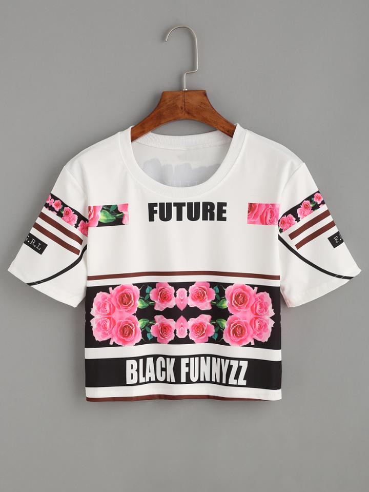 Romwe White Florals Letter Print Crop T-shirt