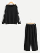 Romwe Striped Side Top And Drawstring Pants Set