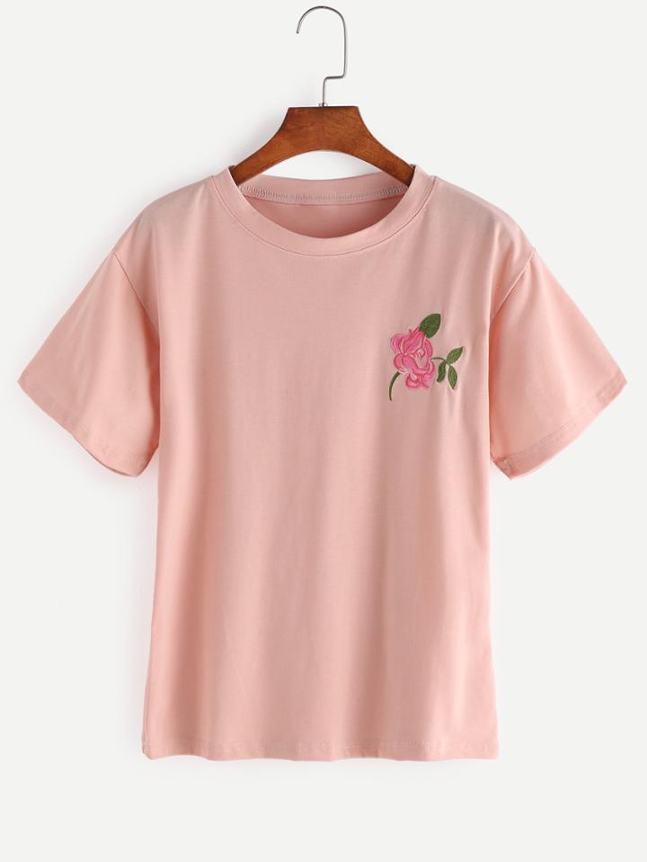 Romwe Pink Flower Embroidered T-shirt