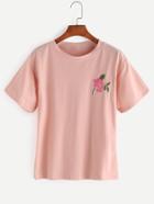 Romwe Pink Flower Embroidered T-shirt