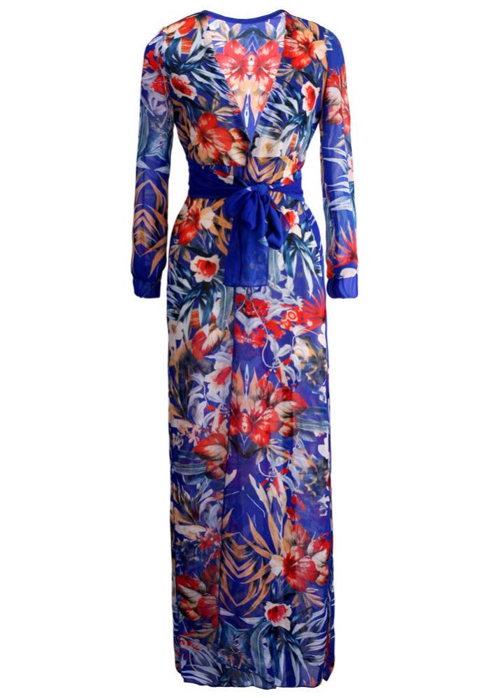 Romwe Deep V Neck Florals Split Dress