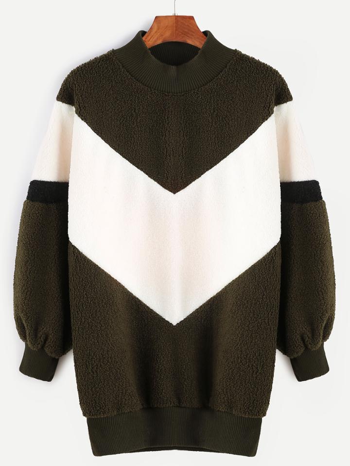 Romwe Deep Green Contrast High Neck Sherpa Sweatshirt