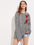 Romwe Mixed Stripe Embroidery Applique Hoodie