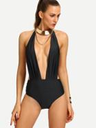 Romwe Plunge Halter Neck Backless One-piece Swimwear - Black