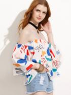 Romwe White Abstract Print Off The Shoulder Blouse