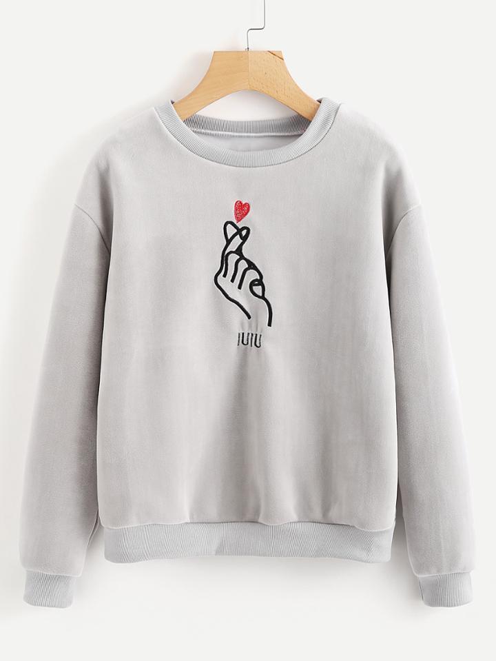 Romwe Gesture Embroidered Sweatshirt