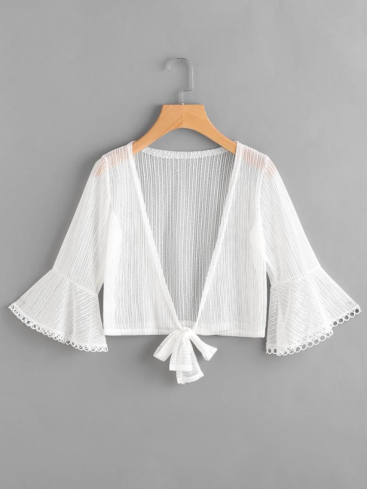 Romwe Fluted Sleeve Knot Open Front Mesh Top