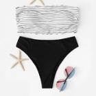 Romwe Lettuce Trim Striped Mix & Match Bikini Set