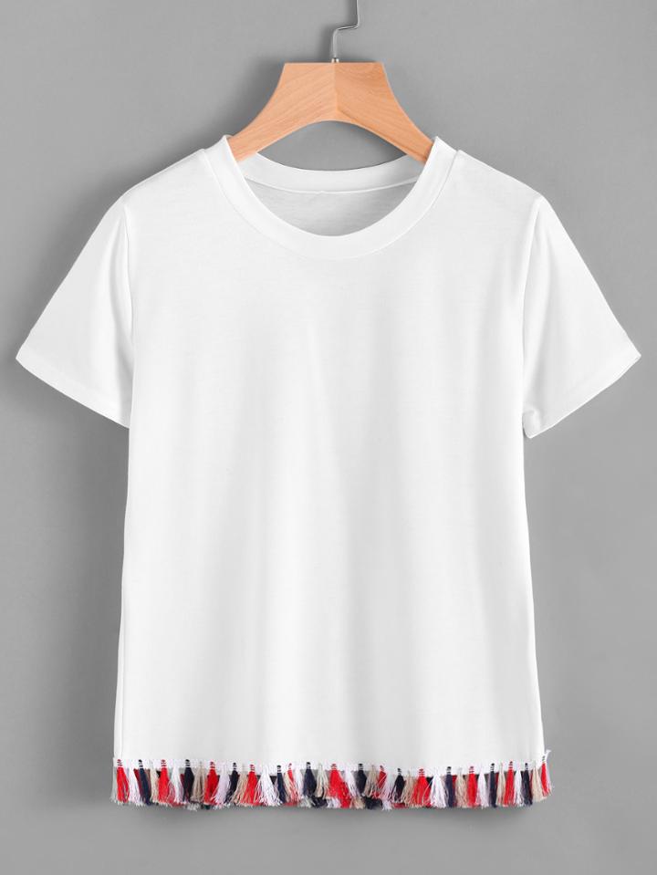 Romwe Contrast Tassel Hem Tee