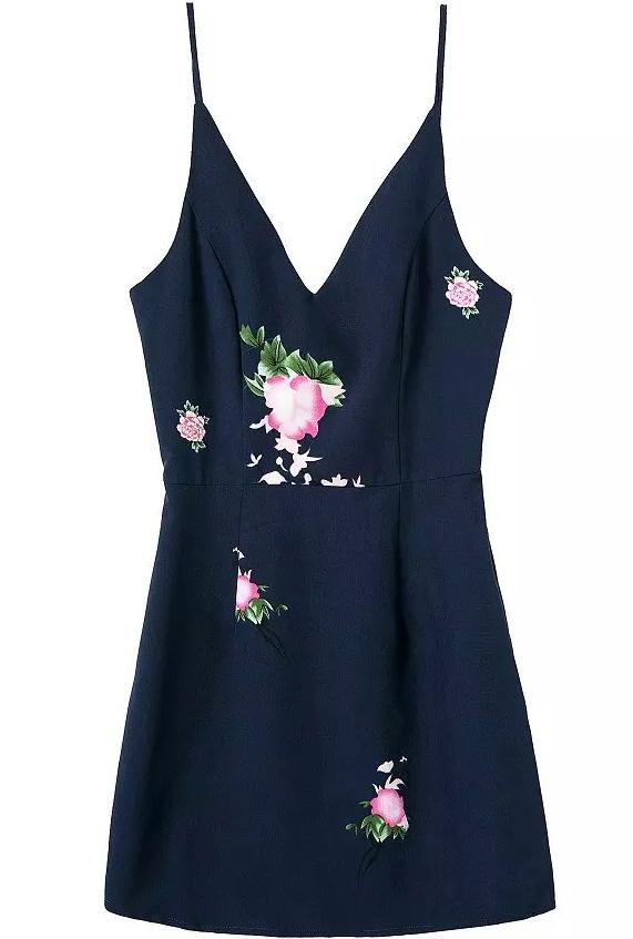 Romwe Spaghetti Strap With Zipper Flower Print Navy Dress