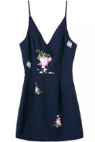 Romwe Spaghetti Strap With Zipper Flower Print Navy Dress