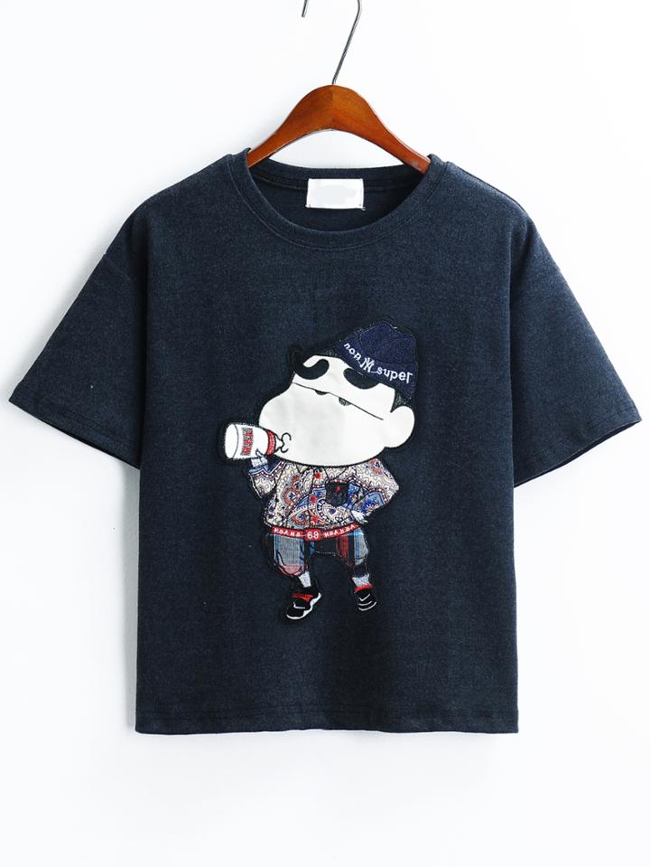 Romwe Cartoon Patch Loose T-shirt