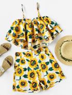 Romwe Sunflower Print Tiered Frill Cami Top With Shorts