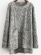 Romwe Dip Hem Cable Knit Pockets Grey Sweater