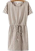 Romwe Short Sleeve Drawstring Vertical Stried Beige Dress