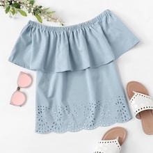 Romwe Ruffle Trim Laser Cut Blouse