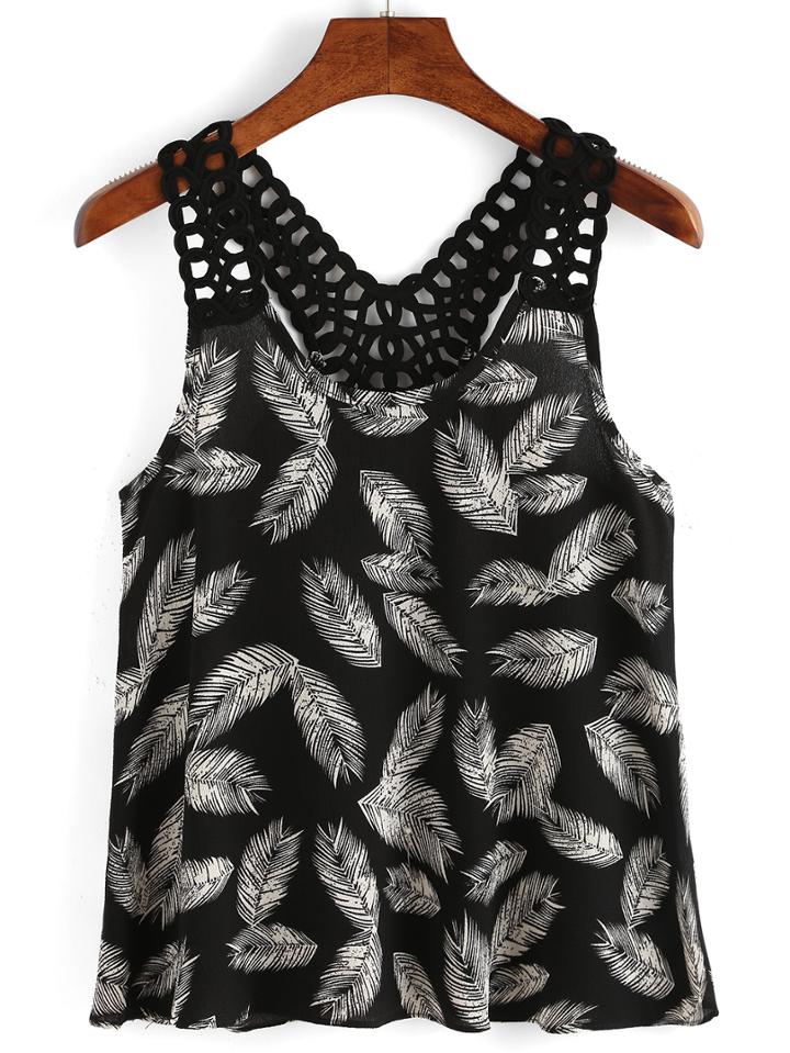 Romwe Crochet Racerback Feather Print Top