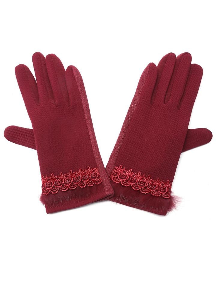 Romwe Burgundy Floral Lace Faux Fur Trim Gloves