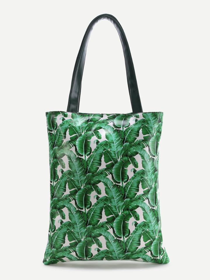 Romwe Green Leaf Print Tote Bag