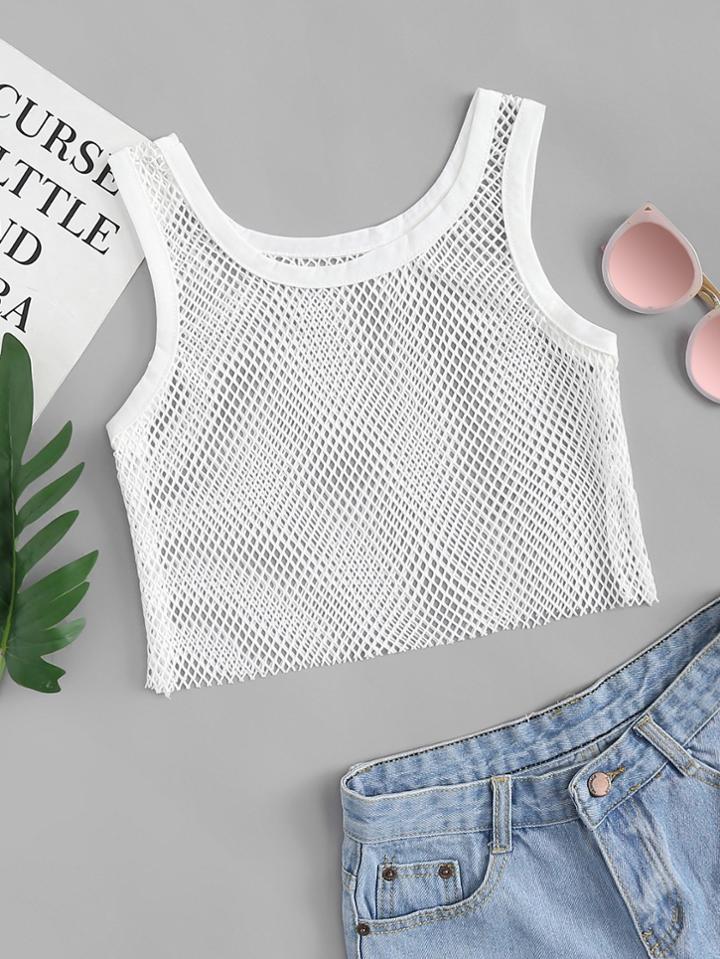 Romwe Sheer Fishnet Crop Top